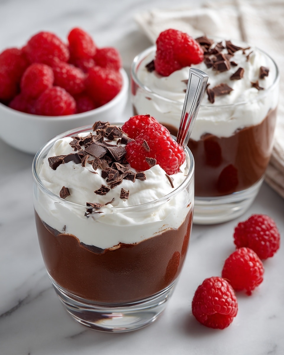 The image shows two clear glass cups filled with a dark, smooth chocolate pudding at the bottom layer. On top of the pudding is a thick, fluffy white cream layer that looks soft and light. Each cup is garnished with two bright red raspberries placed on the cream, with small dark chocolate shavings sprinkled over everything. One cup has a small silver spoon inserted into the cream, adding a touch of detail. In the background, there is a white bowl filled with more raspberries, all set on a white marbled surface. photo taken with an iphone --ar 4:5 --v 7