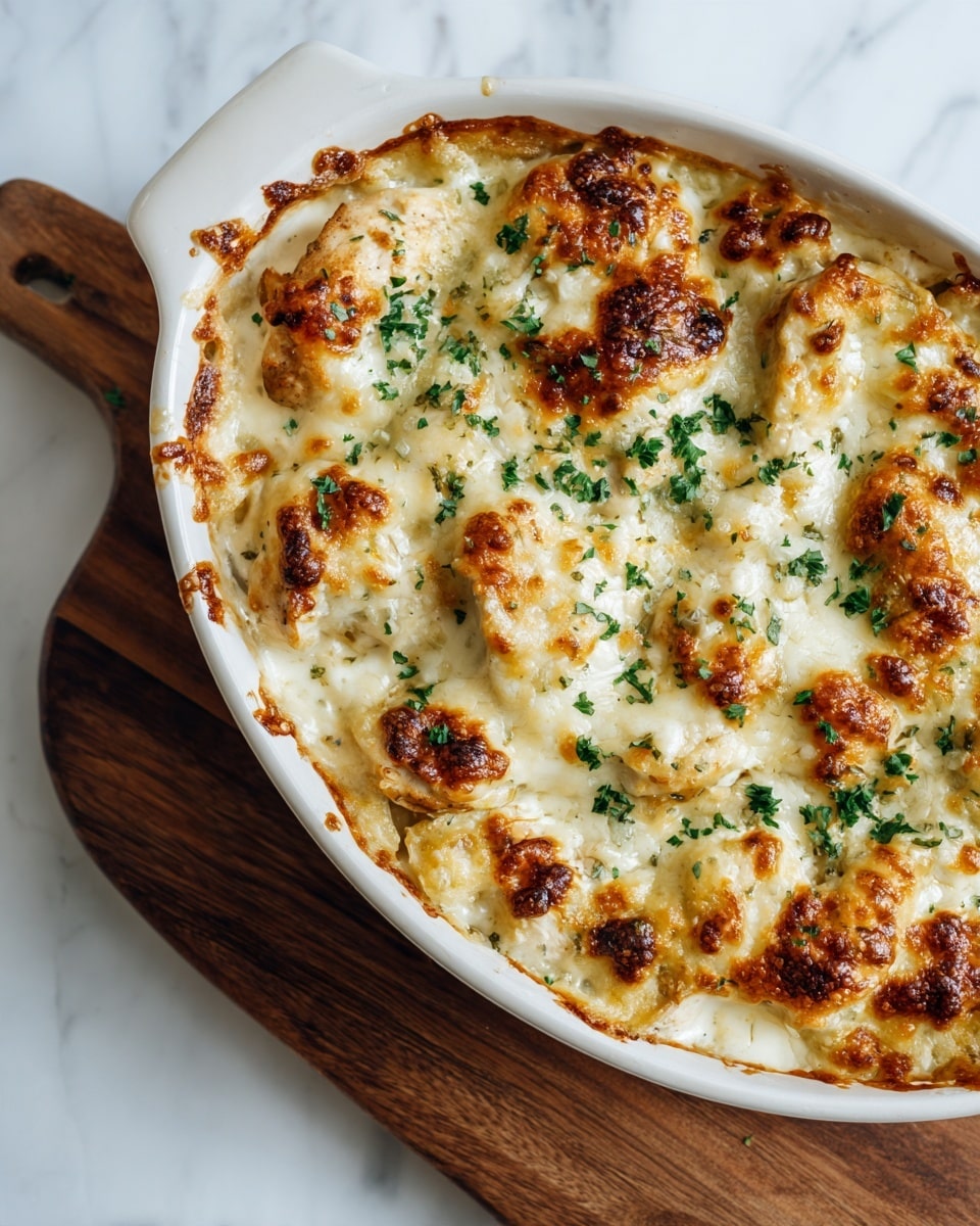 The image shows a white oval baking dish filled with a baked creamy chicken casserole. The dish has a base layer of creamy white sauce mixed with chicken pieces, topped with a golden-brown layer of melted cheese that has bubbly, slightly crispy spots. Green chopped herbs are sprinkled evenly over the top, adding contrast to the creamy and browned cheese. The dish rests on a wooden board on a white marbled surface, creating a clean and bright setting. photo taken with an iphone --ar 4:5 --v 7