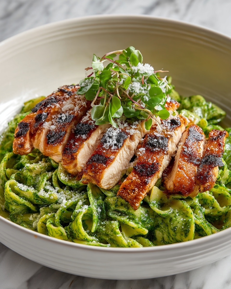 A white plate holds a base of spaghetti coated in a creamy green sauce with visible herb flecks, giving it a rich and textured look. On top, there are five evenly sliced pieces of golden brown grilled chicken with a slightly crispy skin and a juicy white interior. A small bunch of fresh green herbs rests on the chicken, adding a pop of color and freshness. The dish is placed on a white marbled surface. Photo taken with an iphone --ar 4:5 --v 7