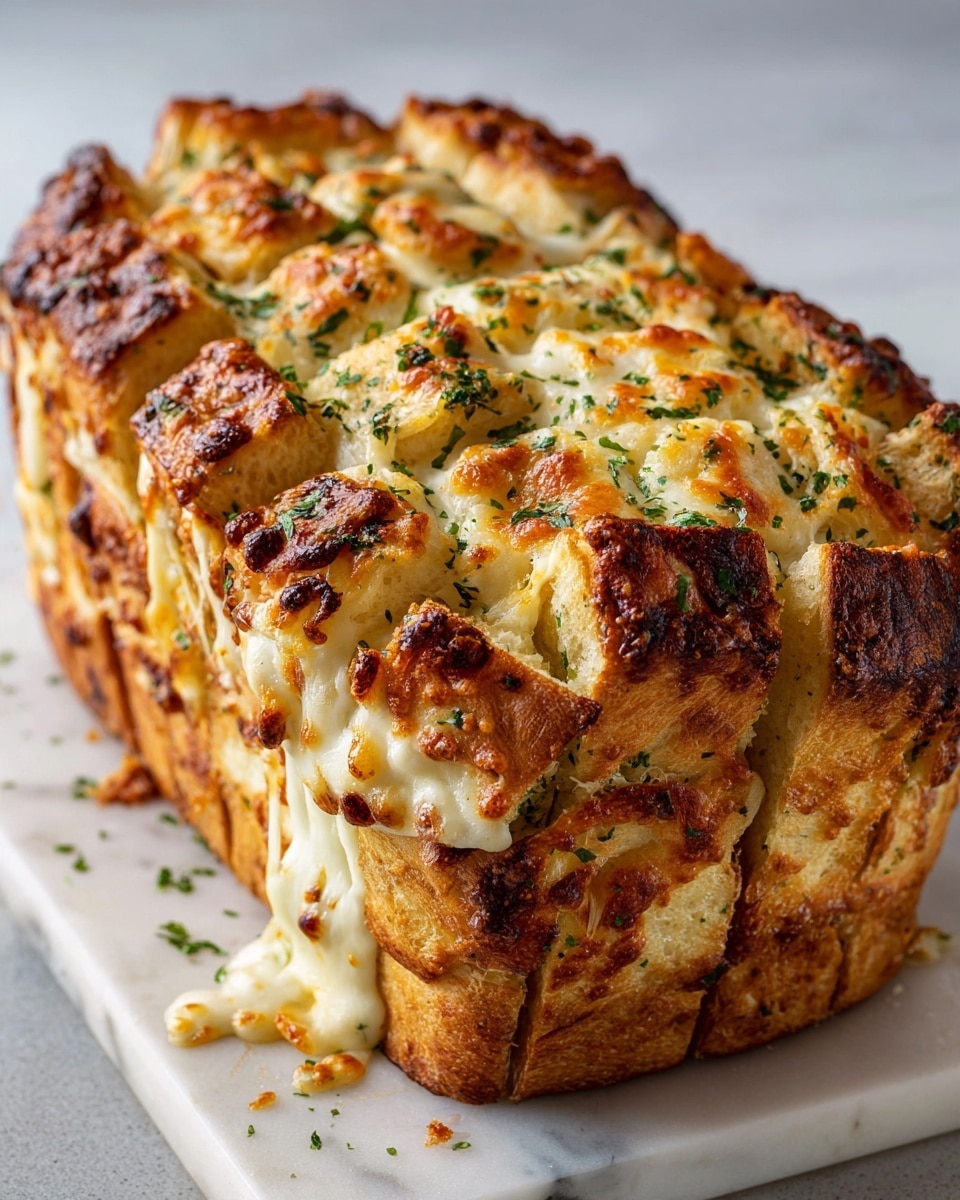 The image shows a thick loaf of pull-apart bread with a golden-brown melted cheese crust on top. The bread is cut into about four rows and three columns of soft, fluffy pieces covered with bubbly and slightly browned cheese. Green parsley bits are sprinkled across the top, adding a touch of color. The loaf rests on a white marbled surface that highlights the warm, inviting colors of the bread and cheese. photo taken with an iphone --ar 4:5 --v 7