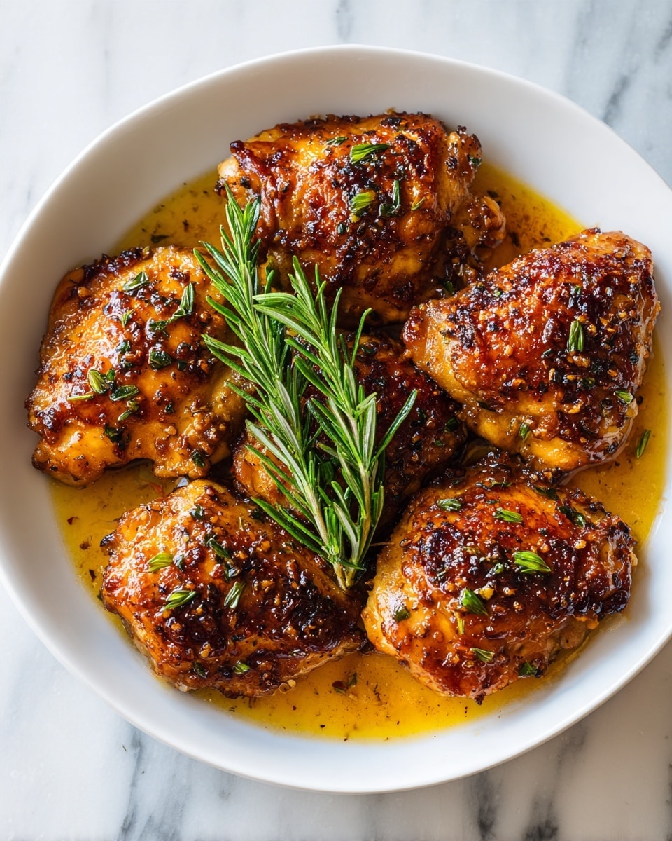 A white bowl holds seven pieces of golden-brown cooked meat with a shiny glaze from the sauce, arranged closely with a few pieces slightly stacked. The meat's surface has a textured, crispy look with small green herb bits scattered on top. In the middle, there is a small bunch of fresh green rosemary sprigs placed on top of the meat. A pool of yellowish-brown sauce with visible herbs surrounds the meat at the bottom. The bowl is set on a white marbled surface. photo taken with an iphone --ar 4:5 --v 7
