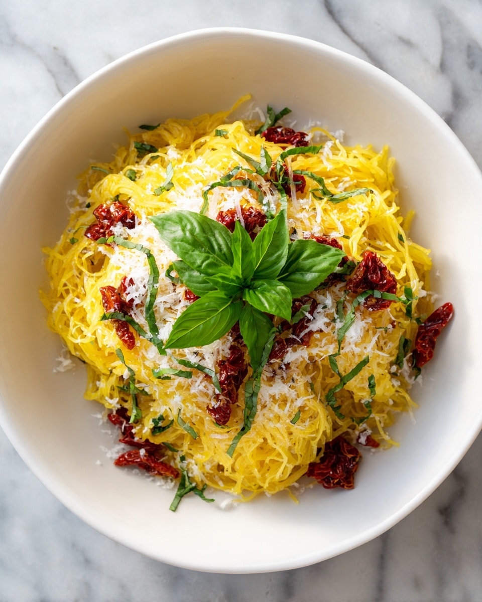 A bowl of creamy yellow pasta noodles twirled into a tall mound in the center of a white bowl, with bits of dark red sun-dried tomatoes scattered throughout. On top, thin green basil slices are sprinkled along with grated white cheese that adds a light, snowy texture. A bunch of fresh green basil leaves sits in the middle as a garnish, creating a fresh contrast against the warm colors of the pasta. The bowl is placed on a white marbled surface. photo taken with an iphone --ar 4:5 --v 7