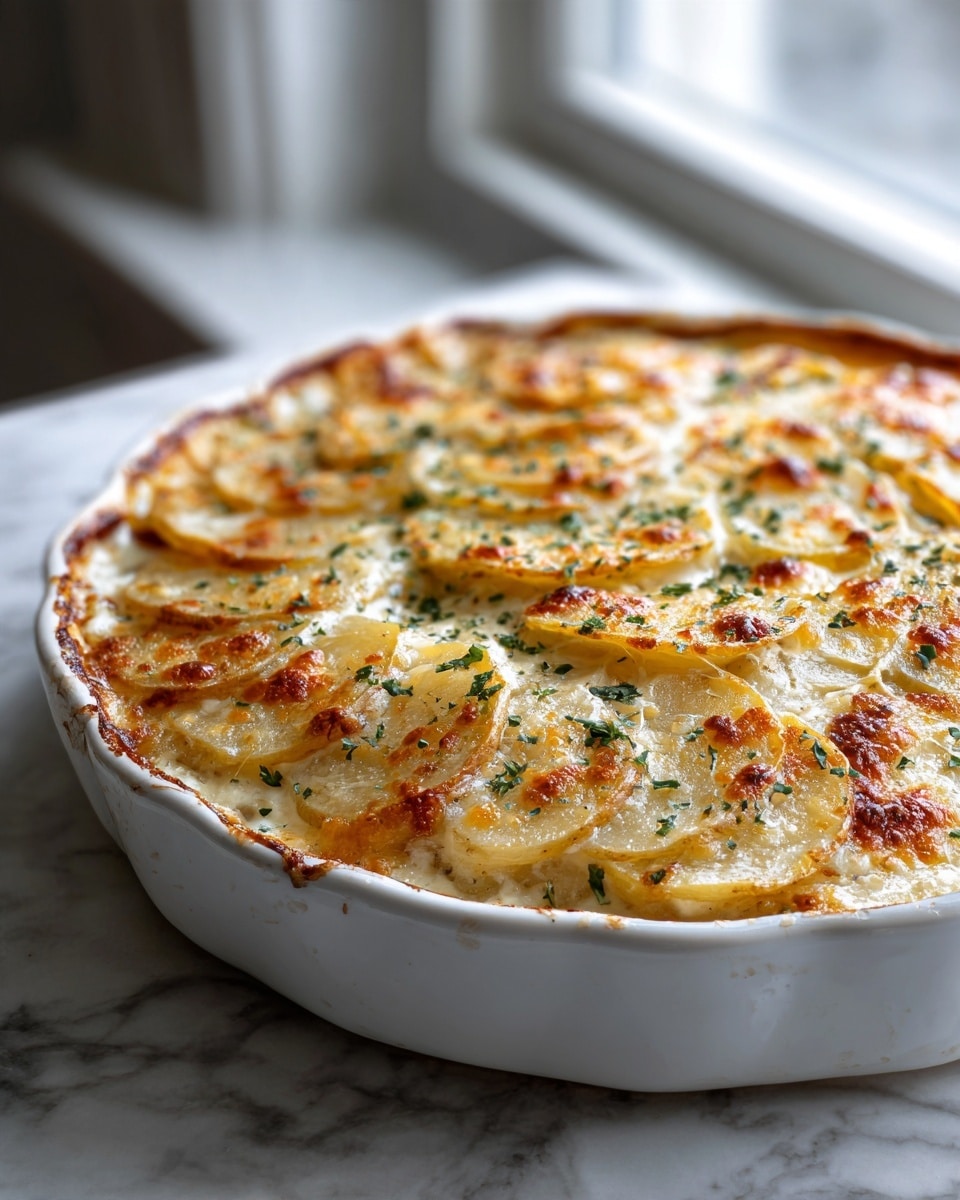 A white round baking dish filled with layered potato slices topped with a golden-brown cheesy crust that is slightly bubbly and crispy in spots; the cheese layer shows a mix of melted white and yellow cheese spread evenly across the top with browned patches from baking; small green herb pieces are scattered over the cheese, adding color contrast; the dish sits on a white marbled surface near a window with soft natural light highlighting the texture and colors of the dish photo taken with an iphone --ar 4:5 --v 7