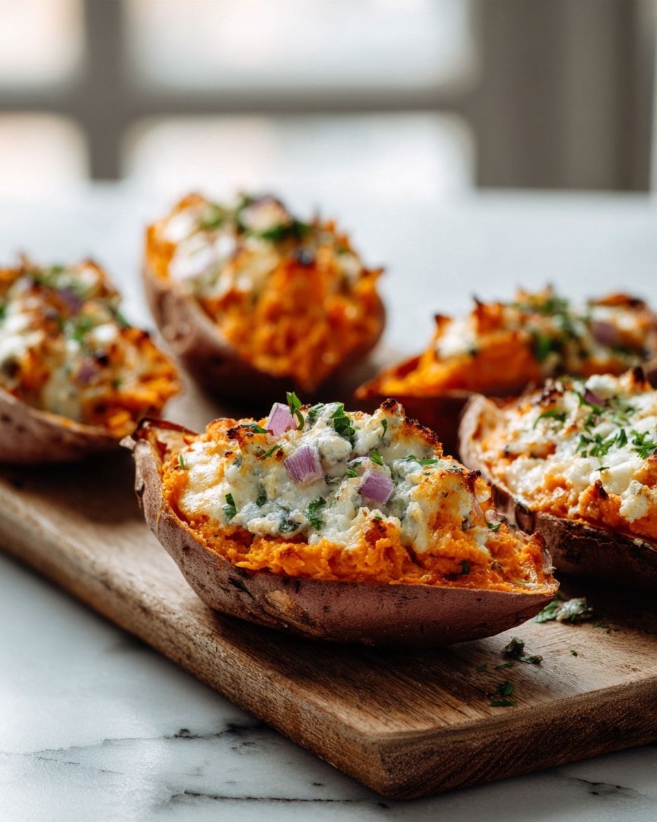 This image shows four baked sweet potato halves arranged in a row on a wooden board placed on a white marbled surface. Each sweet potato is filled with a layer of mashed orange sweet potato mixed with visible pieces of roasted sweet potato, topped with a layer of melted white cheese that has a slightly browned texture. Scattered on top are small pieces of chopped red onion and sprinkled green herbs, adding pops of purple and green color. The focus is sharpest on the sweet potato half in the front right, with the rest fading softly into the background. Photo taken with an iphone --ar 4:5 --v 7