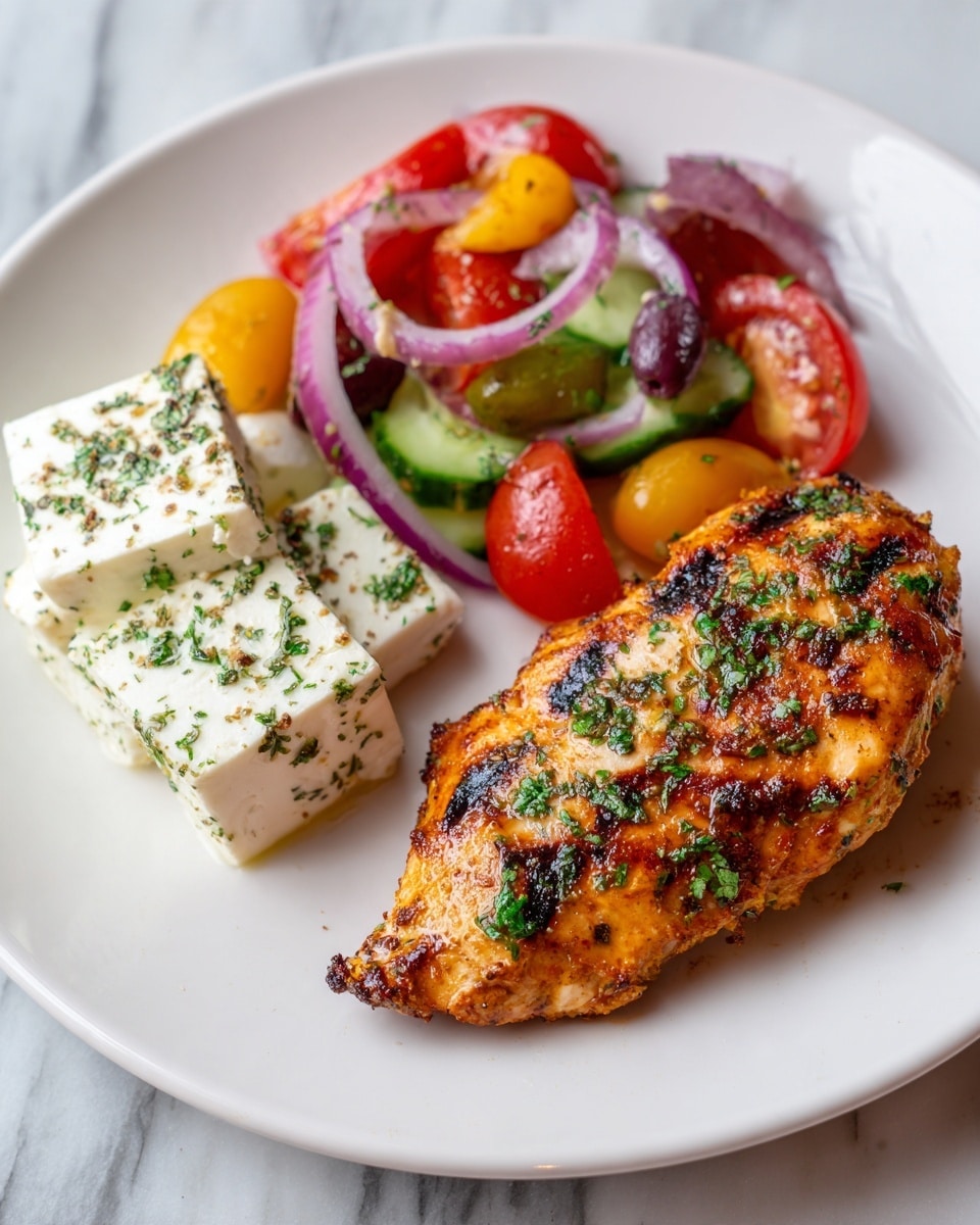 A white plate holds a meal with two main parts: on one side, a piece of cooked chicken with a browned, slightly crispy surface, topped with green herb bits; on the other side, a colorful salad made of chopped green cucumber pieces, red and yellow cherry tomato halves, and thin red onion slices, topped with three cubes of white cheese sprinkled with herbs. The plate rests on a white marbled surface. photo taken with an iphone --ar 4:5 --v 7