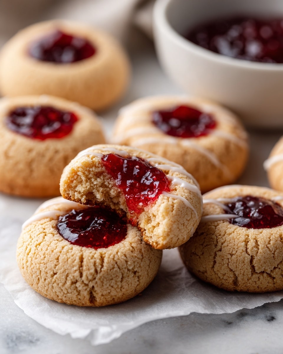 In the image, soft thumbprint cookies are shown on a white marbled surface. Each cookie has a light golden brown base with a slightly crumbly texture and a round shape with a shallow well in the center. The well is filled with glossy dark red jam, which looks smooth and thick. Some cookies have a thin drizzle of white glaze on top. One cookie is in focus with a bite taken out of it, showing the soft inner texture. In the background, two white bowls with smooth surfaces are partially visible, one filled with more red jam. The overall scene highlights the warm colors of the cookies against the clean, bright white marbled surface. photo taken with an iphone --ar 4:5 --v 7