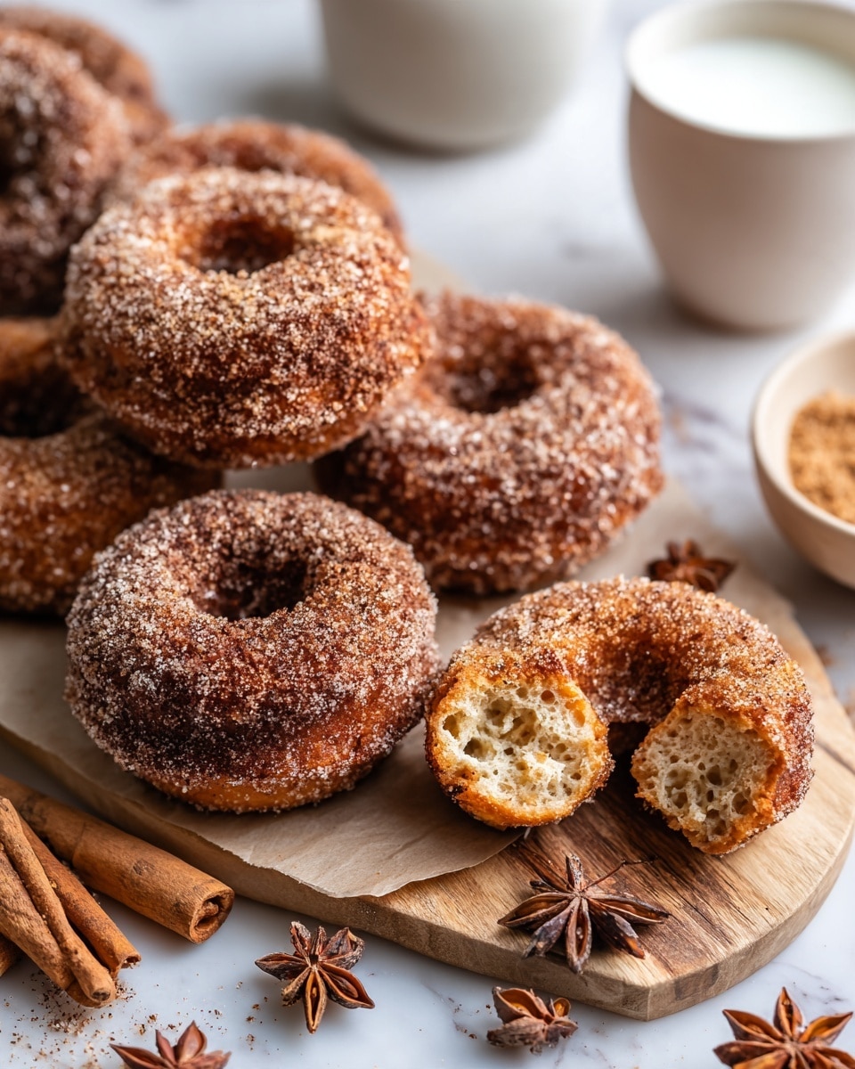 The image shows several round donuts covered in a layer of cinnamon sugar, resting on a wooden board placed on a white marbled surface. The donuts have a dark brown color with a rough sugar and spice coating. One donut is whole and centered, while others are broken in halves or pieces, revealing a light tan airy inside with a soft texture. Some cinnamon sticks and star anise are scattered beside the donuts on the wooden board, adding a rustic touch. A white bowl filled with cinnamon sugar and a white glass of milk are placed in the top right corner, softly blurred to keep focus on the donuts. Photo taken with an iphone --ar 4:5 --v 7