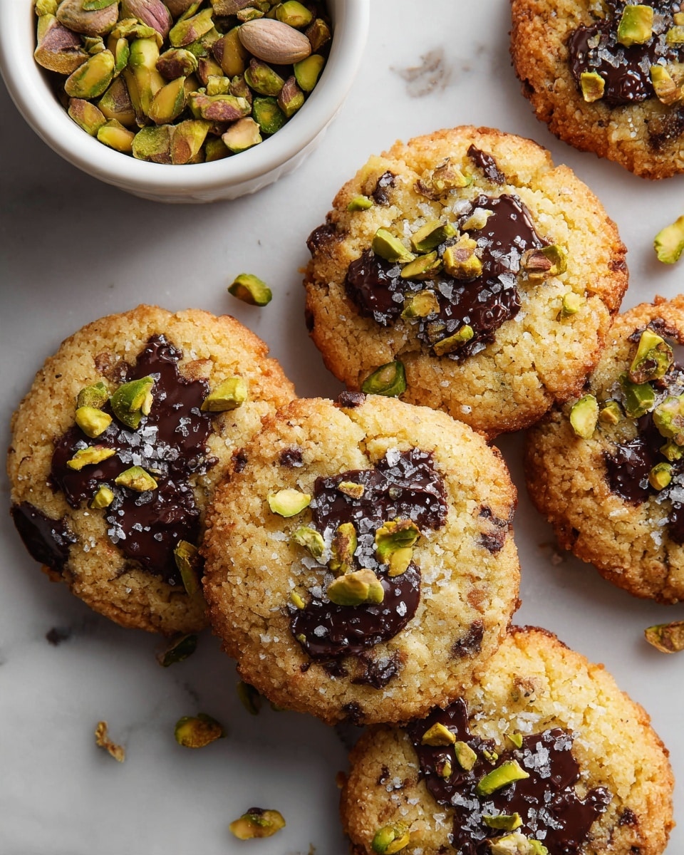 The image shows a close-up of several round cookies placed on a surface with a white marbled texture. Each cookie has a light brown base with a slightly cracked, soft texture. On the top, there are dark, glossy, melted chocolate patches spread unevenly, creating a rich contrast with the cookie dough. Scattered over the chocolate are small pieces of green pistachio nuts, adding a crunchy texture and a pop of green color. A few flakes of white salt are sprinkled on top, enhancing the visual appeal and texture. Photo taken with an iphone --ar 4:5 --v 7