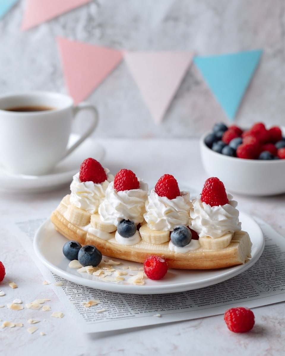 On a white plate, a split golden-brown caramelized banana lies flat as the base layer. Above it, a line of fresh blueberries forms a dark blue middle layer. On top of the blueberries, dollops of white whipped cream create a fluffy third layer, each topped with a bright red raspberry. The dish is finished with scattered toasted almond slices and coconut flakes around the banana. In the background on a white marbled surface, a white cup filled with more red and blue berries and a white jar with a spoon can be seen softly out of focus. Photo taken with an iphone --ar 4:5 --v 7