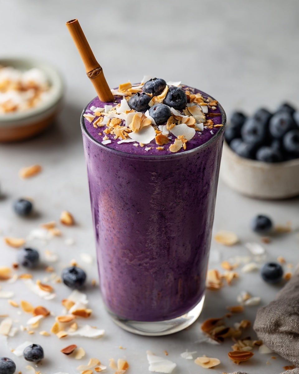A metal tray on a white marbled surface holds five items spaced apart: a ripe yellow banana with small brown spots on the top left, a green half avocado with smooth creamy flesh on the top right, a clear round bowl full of dark purple frozen blueberries in the center, a small white bowl filled with light tan hemp seeds on the bottom right, and a glass jar of white non-dairy milk on the bottom left. Each ingredient is clearly visible with distinct colors and textures, arranged neatly on the tray photo taken with an iphone --ar 4:5 --v 7