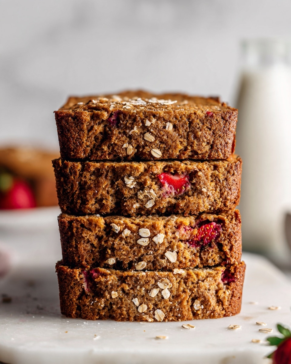 The image shows a loaf of dark brown baked bread with a rough, uneven texture, inside a black baking tin lined with light brown parchment paper that folds over the edges. The top of the bread is sprinkled with some light-colored oats and has a row of small, bright red strawberry slices placed in the center. The baking tin is placed on a white marbled surface, creating a clean and simple background. photo taken with an iphone --ar 4:5 --v 7