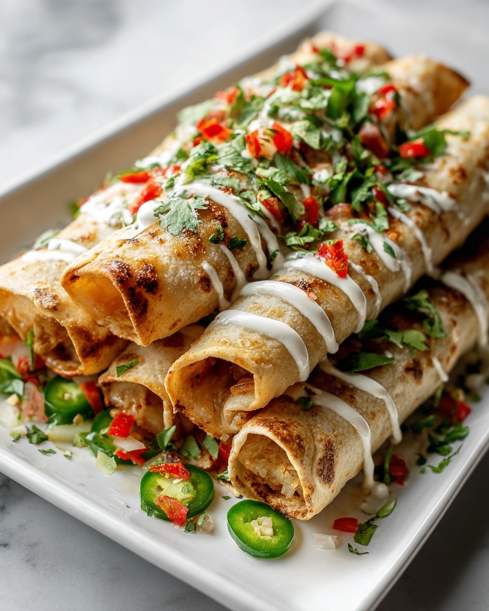 A white plate filled with several rolled, crispy golden-brown tacos stacked on each other, drizzled with a light white sauce, and sprinkled with chopped green cilantro, small red and purple pieces of diced vegetables. Around the tacos are sliced green jalapeños and small bits of herbs on a white marbled surface. A portion of a small bowl with red salsa is visible at the lower left corner. Photo taken with an iphone --ar 4:5 --v 7