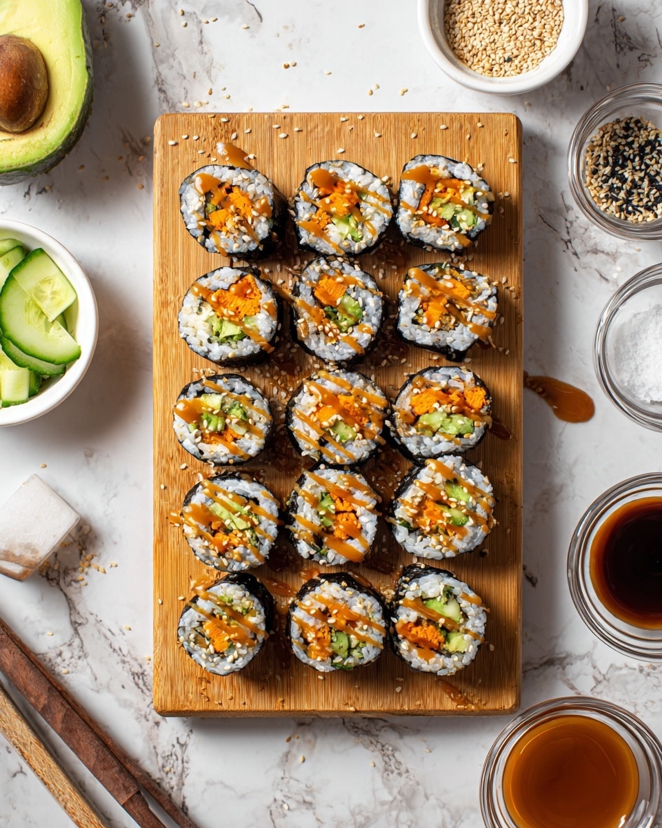 The image shows 20 sushi rolls arranged in a 4 by 5 grid on a wooden board with a handle. Each roll has three visible layers: a dark outer layer of seaweed, a thick white rice layer, and inner fillings of bright orange and pale green, likely sweet potato and avocado. Light brown sauce is drizzled over the sushi rolls, with some drops around the board. Around the board are a half avocado, a small bowl of sesame seeds, a white bowl with green cucumber strips, a pair of wooden chopsticks, a glass of dark soy sauce, and a glass of light-colored sauce, all placed on a white marbled surface. photo taken with an iphone --ar 4:5 --v 7
