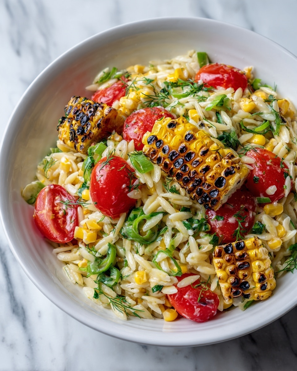 The dish is a colorful salad in a round white bowl on a white marbled surface. It has a base layer of small rice-shaped pasta, pale yellow and smooth. Mixed with this pasta are bright yellow grilled corn pieces with some black char marks. There are red tomato chunks scattered throughout that add a fresh look. Green leafy herbs, mainly dill and some scallions, are spread on top, giving a fresh, feathery texture. A creamy white sauce drizzled lightly over the salad pulls the layers together. The bowl is filled nearly to the top, showing all ingredients clearly. Photo taken with an iphone --ar 4:5 --v 7