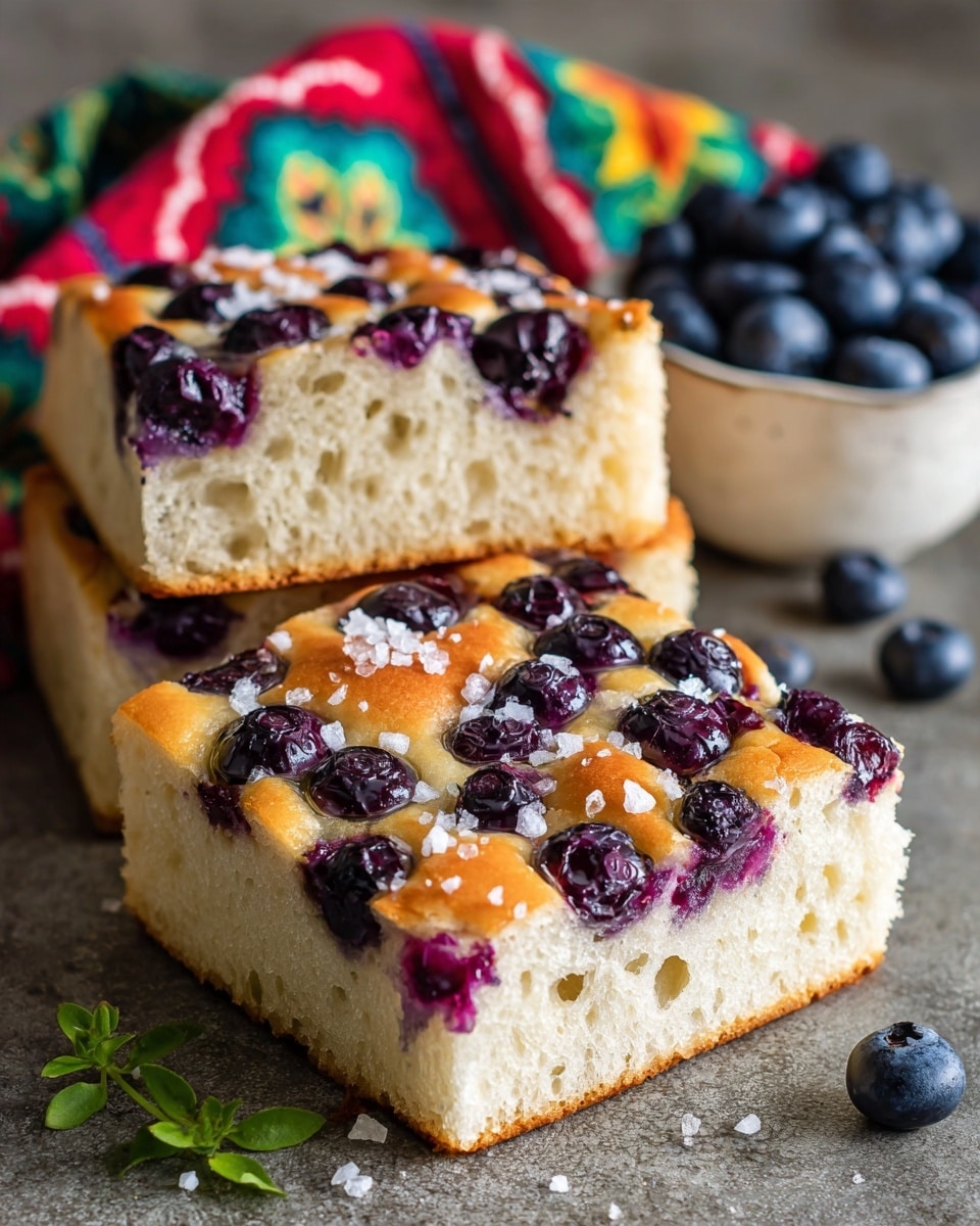 The image shows a white wooden board with three square pieces of light golden blueberry focaccia bread on top. The bread has a soft texture with deep purple blueberries embedded in the top layer, and small green herb leaves scattered around and on the bread. To the left, a larger piece of the same focaccia rests on white parchment paper, also dotted with blueberries and herbs. In the background, there is a white bowl filled with fresh dark blue blueberries sitting on a white marbled surface. Some loose blueberries and green herbs are scattered around the board and paper, creating a fresh, natural look. Photo taken with an iphone --ar 4:5 --v 7