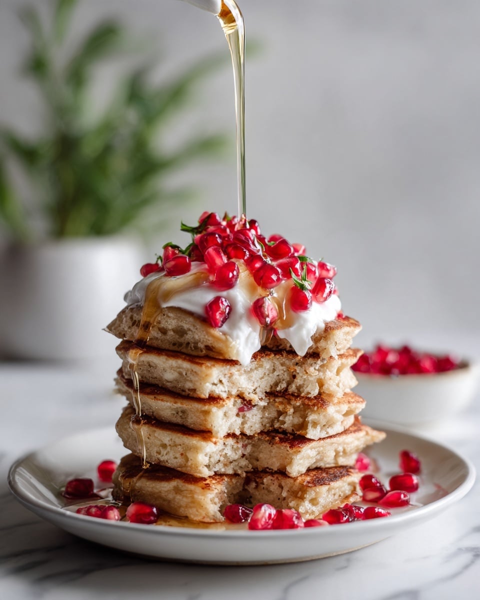 A stack of five golden-brown pancakes sits on a white plate on a white marbled surface. The pancakes are thick and fluffy with a soft texture. On top of the stack is a scoop of white cream or yogurt, covered with bright red pomegranate seeds. Golden syrup is being poured over the top, flowing down the sides and pooling on the plate. Some syrup glistens on the pomegranate seeds, adding shine and warmth to the scene. The background is softly blurred with a hint of green and neutral colors. photo taken with an iphone --ar 4:5 --v 7