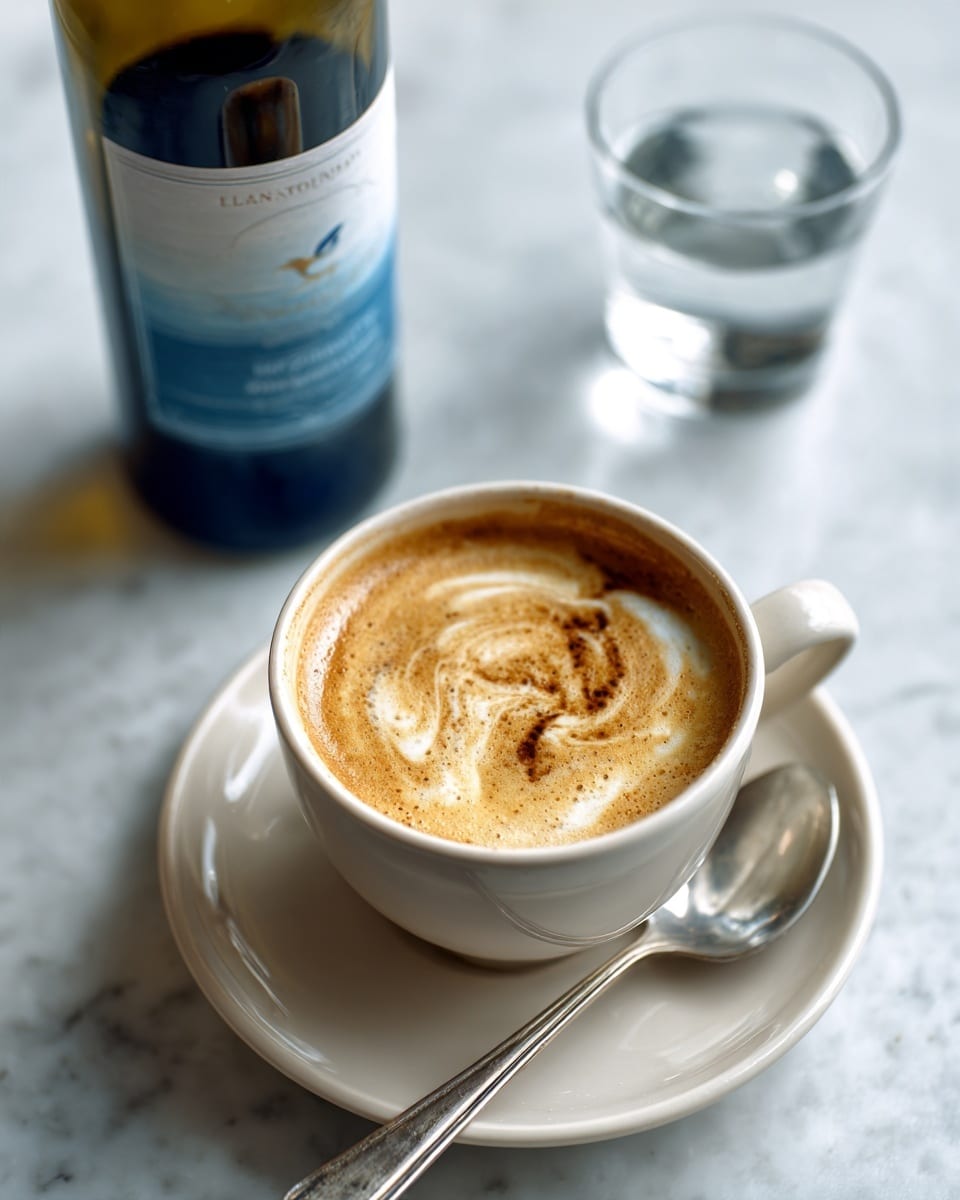 A small cup of espresso coffee shows a thick, rich, light brown foam layer on top inside a white cup with a dark brown outer layer and handle, placed on a matching dark brown saucer; a silver spoon rests parallel to the cup on the saucer’s edge. In the blurred background, there is a clear glass with a pale liquid inside and a tall bottle with a deep blue label featuring gold and white text. The entire setting is on a white marbled surface. photo taken with an iphone --ar 4:5 --v 7