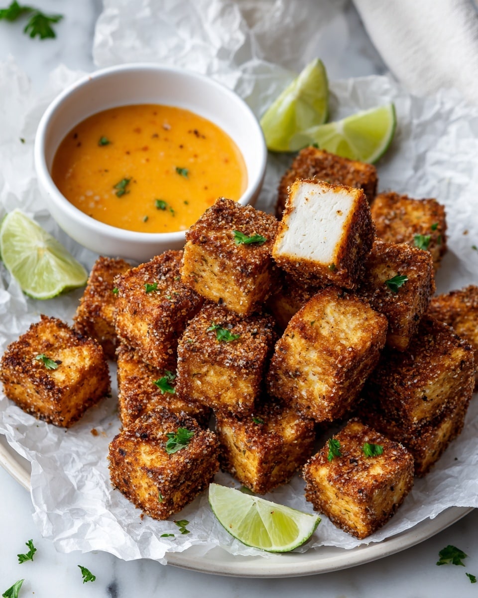 A white plate on a white marbled surface holds many golden-brown crispy tofu cubes with a crunchy texture, some topped with small green herb leaves. Two tofu cubes are cut open, showing a smooth, white inside. A small white bowl filled with orange-red dipping sauce with herbs floating in it is placed on the left side of the plate. There are two lime wedges, one near the top and one at the bottom right corner of the plate, adding a fresh green contrast. The plate is placed on light-colored crumpled parchment paper. Photo taken with an iphone --ar 4:5 --v 7