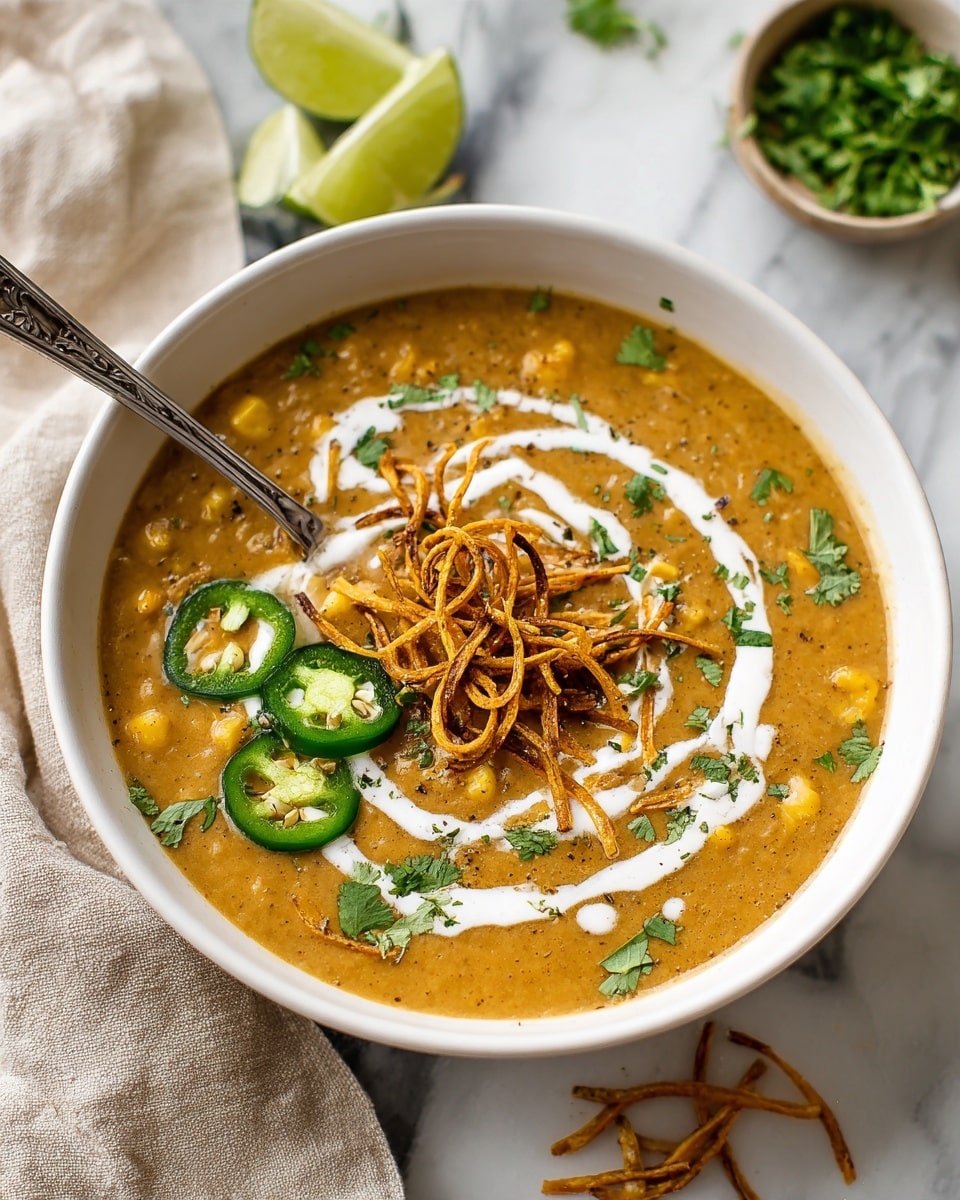A gray ceramic bowl filled with thick orange-brown soup that has visible black beans and corn. On top, there are light brown crispy tortilla strips placed in the center, fresh green chopped cilantro sprinkled over, two slices of dark green jalapeño with seeds showing, and a dollop of white sour cream slightly melted into the soup. A silver spoon rests inside the bowl with its handle leaning to the upper center. The bowl sits on a white marbled surface, with some lime wedges and scattered tortilla strips near the bottom right, and a small bowl of fresh cilantro in the top right corner. photo taken with an iphone --ar 4:5 --v 7