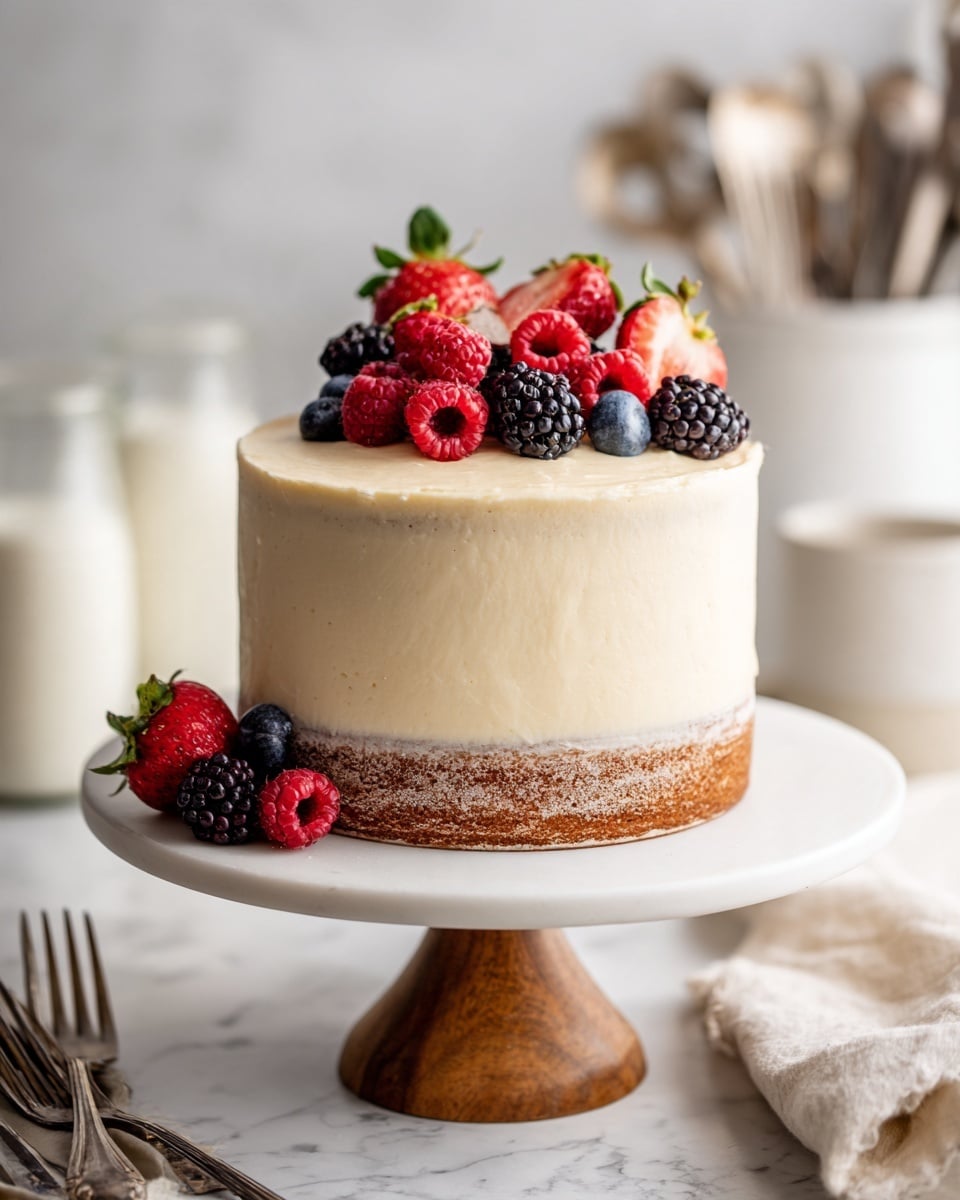 A tall, round cake with three layers is covered in smooth white frosting that has small specks of texture. On top, there is a colorful mix of fresh berries arranged mostly on one side, including shiny blackberries, whole blueberries, raspberries, and bright red strawberries cut in half showing their juicy inside. The cake sits on a white round stand with a wooden base, placed on a white marbled surface with a soft white tile wall background. Nearby, two small milk bottles and a white container holding forks are blurred in the background. photo taken with an iphone --ar 4:5 --v 7