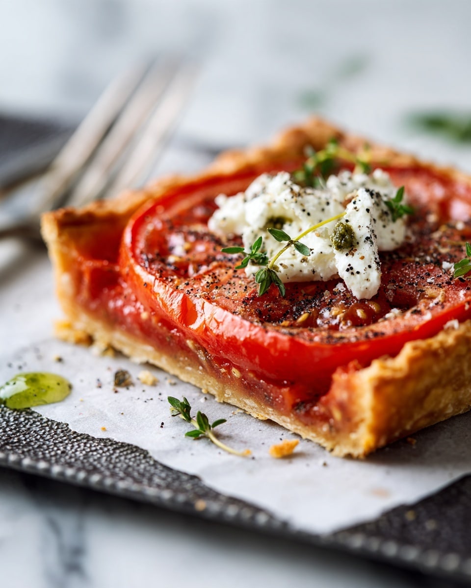 A close-up image of two square tomato tarts on white parchment paper resting on a dark textured tray, over a white marbled surface. Each tart has three visible layers: the bottom is a thin golden-brown and flaky puff pastry crust with slightly raised edges sprinkled with herbs and black pepper, the middle is a layer of bright red tomato slices with a juicy and slightly wrinkled texture, and the top has dollops of soft white cheese along with small green herb leaves. There are some scattered golden flaky crumbs around the tarts, and part of a silver fork and knife can be seen blurred in the background. photo taken with an iphone --ar 4:5 --v 7