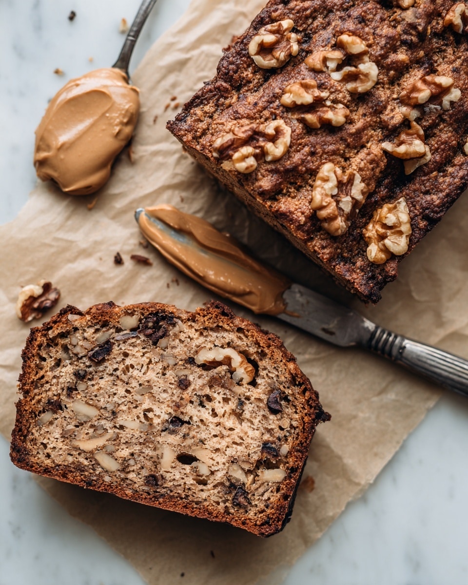 The image shows a loaf of brown nut bread with a rough texture and walnut pieces mixed inside and on top. The whole loaf is on crumpled parchment paper on a white marbled surface. Two thick slices of the nut bread with visible nut pieces and a coarse crumb are placed on a large white plate with dark speckles, positioned at the bottom of the image. The scene has a warm, natural look. photo taken with an iphone --ar 4:5 --v 7