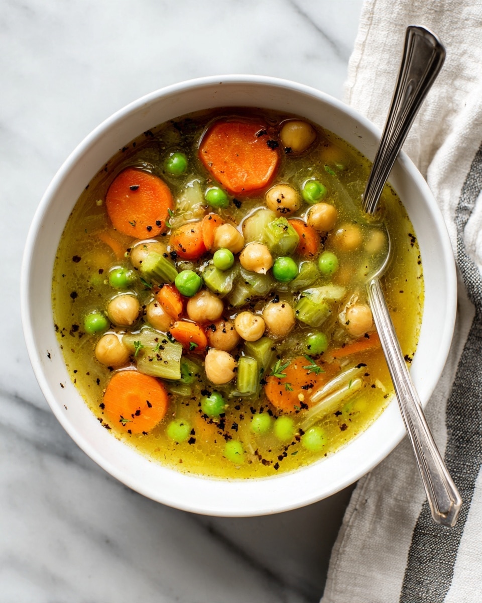 A close-up view of a white bowl filled with thick vegetable soup showing multiple layers of ingredients. The bottom layer has a yellow broth base with small textured grains, topped with soft-round chickpeas in light beige, bright green peas, and orange carrot slices. Pieces of light yellow celery and dark green chopped scallions float throughout, sprinkled with fine cracked black pepper. A silver spoon rests inside the bowl. The bowl is on a white marbled surface with a part of toasted bread and a small bowl of scallions appearing on the upper edges. Photo taken with an iphone --ar 4:5 --v 7