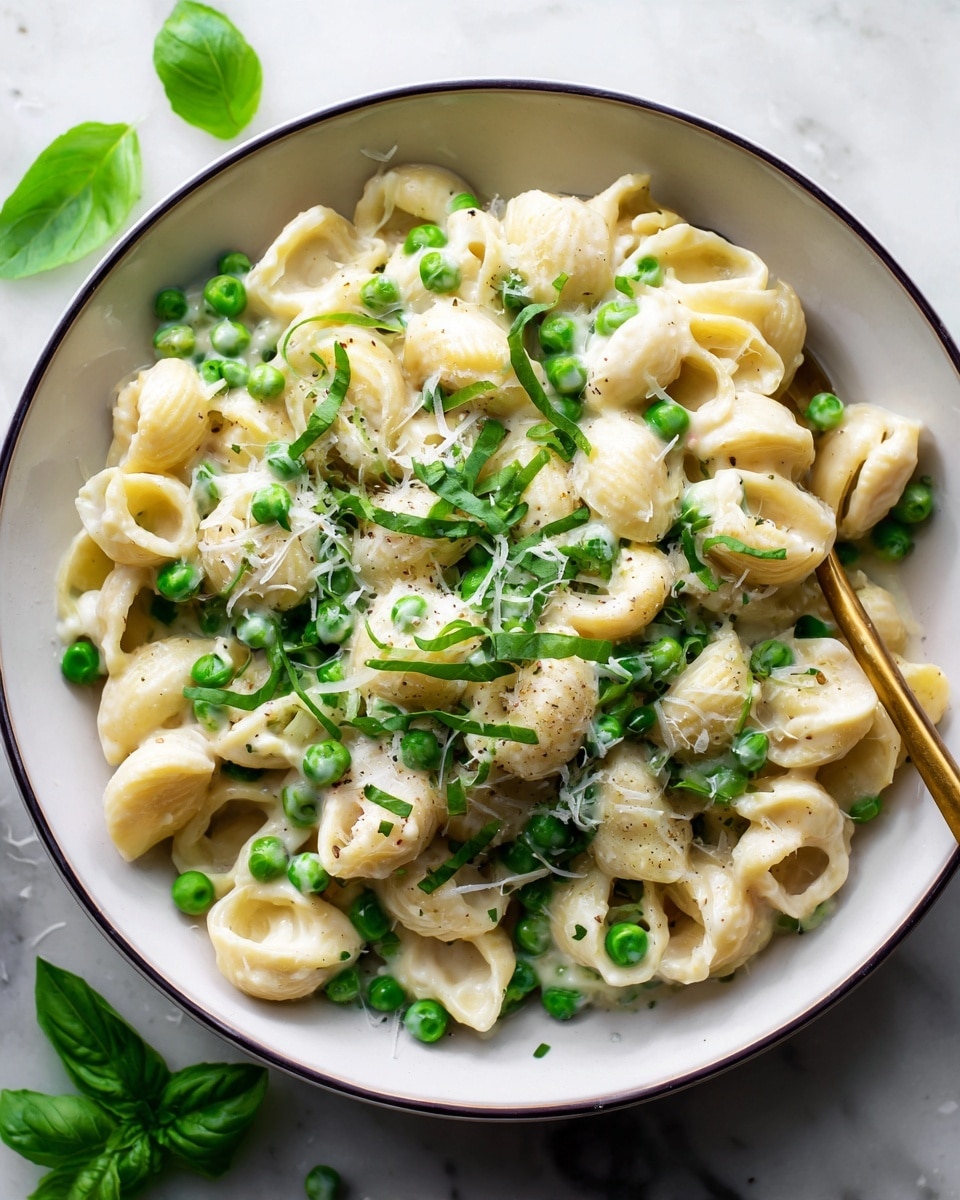 A close-up view of a white bowl filled with creamy pasta shells covered in a thick white sauce, mixed with bright green peas scattered throughout. The pasta is topped with fresh chopped basil leaves, adding a dark green color contrast. The bowl sits on a white marbled surface, with some basil leaves placed casually around the bowl. A shiny gold spoon is partially inside the bowl, adding a touch of warm color to the scene. photo taken with an iphone --ar 4:5 --v 7