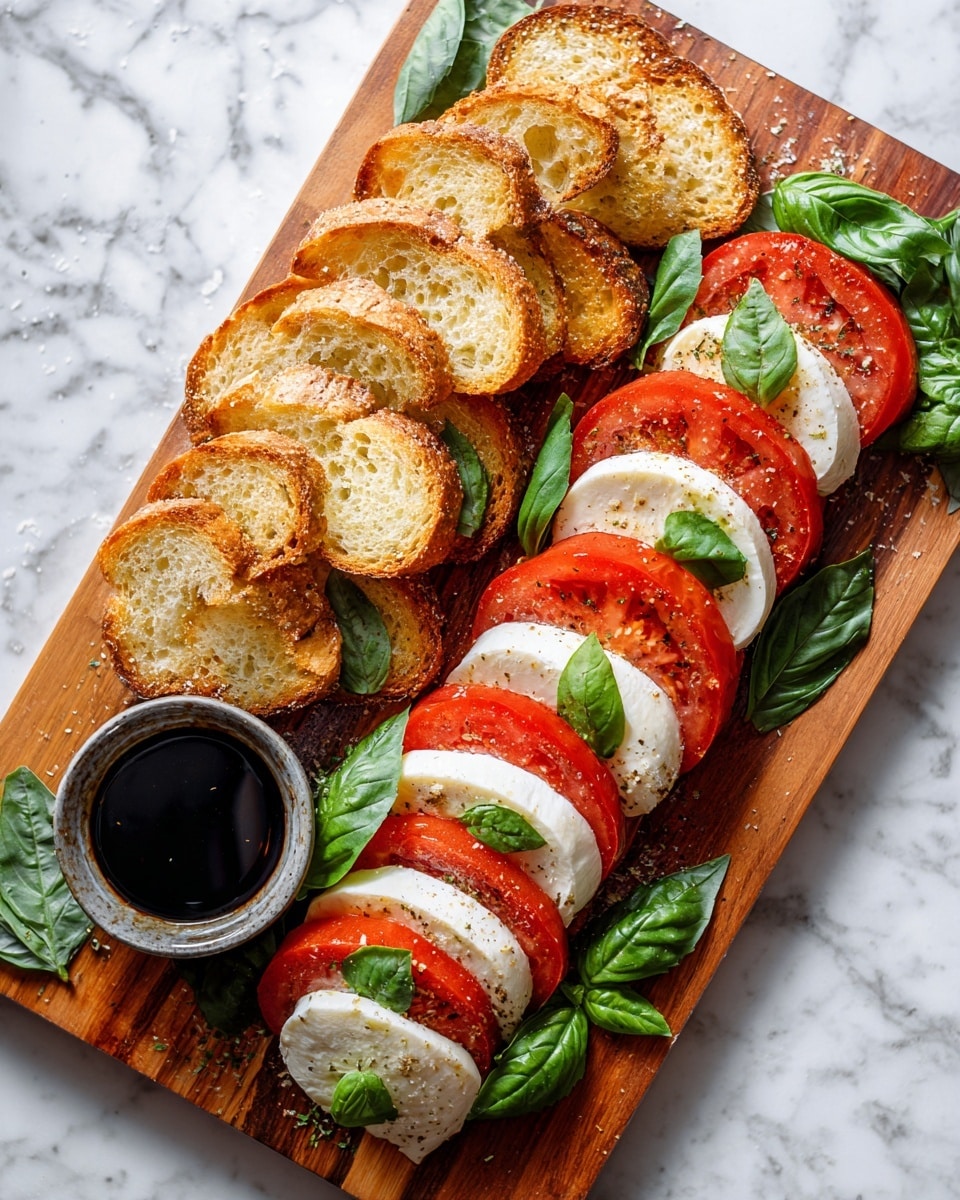 The image shows a wooden serving board with a stack of alternating red tomato slices and white mozzarella cheese slices forming a long, curved line in the center. On the left side of the board are golden-brown toasted bread slices stacked in two small piles. Fresh green basil leaves are placed on and around the tomato and mozzarella stack, adding a pop of green color. A small, dark cup holding a dark sauce is at the bottom left corner of the board. The board sits on a white marbled surface with scattered basil leaves and tomato slices around it. The scene is bright and fresh, with some light reflecting on the glossy olive oil drizzled over the cheese and tomatoes. Photo taken with an iphone --ar 4:5 --v 7