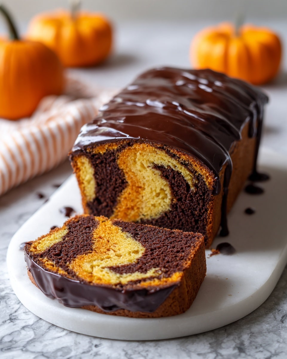 A loaf of marble cake with two main layers swirled together, one dark brown chocolate and one orange pumpkin, creating a striped pattern inside. The top is covered with a thick, shiny dark chocolate glaze that drips down the sides in smooth waves. The cake sits on a white plate with one large slice laid flat in front, showing the detailed swirl pattern clearly. In the background, there are whole small pumpkins placed on a white marbled surface. The photo taken with an iphone --ar 4:5 --v 7