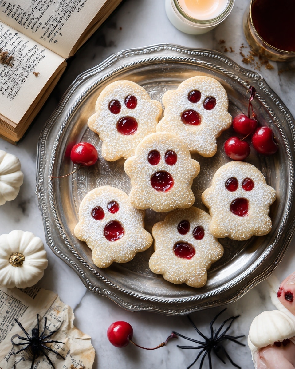 The image shows a silver tray filled with ghost-shaped cookies placed on a white marbled surface. Each cookie has a pale, light-brown base with three round red jelly-filled spots forming eyes and a mouth, and a dusting of white powdered sugar on top, giving them a frosty look. The tray is lined with small pieces of newspaper and a few bright red cherries scattered around. Around the tray, there are white decorative pumpkins, a small white candle in a brass holder, and a small black plastic spider. One cookie lays on the surface outside the tray, and a pair of woman’s hands can be seen holding one cookie near the bottom left. The open book with a white cover is in the upper left corner. The overall setting has a clean, bright, and festive feel. photo taken with an iphone --ar 4:5 --v 7