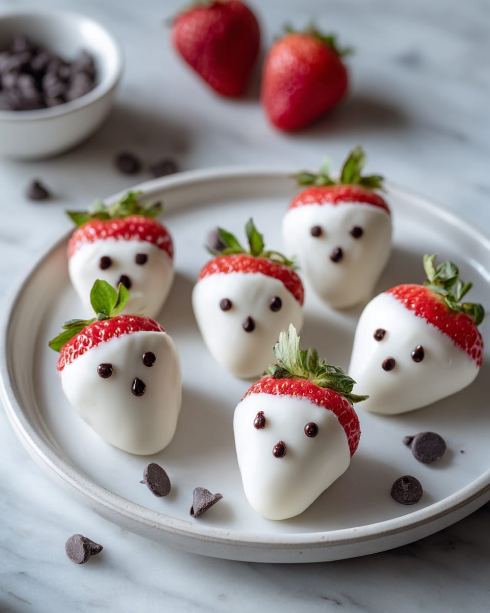 The image shows a white plate with a lightly textured surface, holding eight strawberries dipped in white coating that covers most of each strawberry except the bright red tops with green leaves. Each coated strawberry has small dark brown spots arranged as two dots for eyes and an elongated curved shape for a mouth, giving them surprised faces. The plate sits on a white marbled surface, and in the background, there are a few whole red strawberries and brown chocolate chips scattered out of focus. photo taken with an iphone --ar 4:5 --v 7