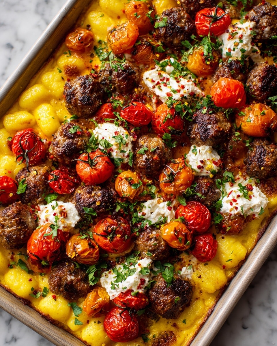 The image shows a large tray filled with a colorful mix of food arranged in a single layer. The base layer is made of small, yellow gnocchi that look soft and plump, covering the whole tray. Scattered evenly on top are browned meatballs with a slightly crispy, darkened surface. Bright red and orange roasted cherry tomatoes add vibrant spots of color throughout the tray. Small white mozzarella balls are placed in between the other ingredients, some sprinkled with red pepper flakes. Fresh green basil leaves and small pieces of shaved cheese are scattered on top, adding freshness and contrast to the warm colors. The tray sits on a white marbled surface. photo taken with an iphone --ar 4:5 --v 7