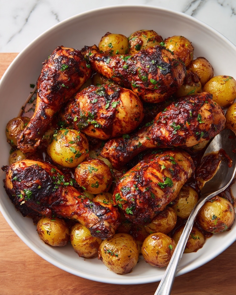 A white bowl is full of six dark brown roasted chicken drumsticks with crispy skin, each piece showing some charred spots and a shiny glaze on top. Under and around the chicken, there are many small roasted potato halves in golden brown with some darker edges. Tiny bits of green herbs are sprinkled generously both on the chicken and potatoes. A silver spoon is placed inside the bowl, pushing a drumstick slightly to the side. The background shows a white marbled surface. photo taken with an iphone --ar 4:5 --v 7