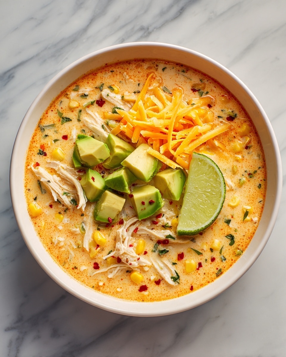 A creamy orange soup fills a white bowl on a white marbled surface, with layers of yellow corn kernels, white shredded chicken, red sun-dried or roasted tomatoes, and black olives evenly mixed throughout. On top sits bright green chunks of avocado arranged in two sections, fresh green sliced jalapeños, and a small pile of grated yellow cheese. There are also a few lime wedges placed on the edge of the bowl. The soup has a slightly oily red drizzle on the surface with small green herb bits sprinkled sparsely. photo taken with an iphone --ar 4:5 --v 7