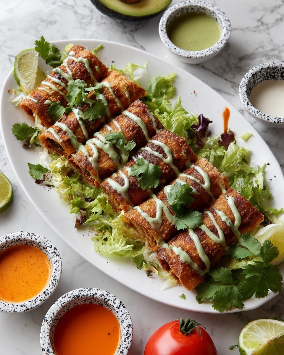 A white oval plate filled with seven golden-brown fried rolled tacos arranged on a bed of green leafy lettuce, each taco drizzled with three sauces: pale green, creamy white, and light orange, creating a colorful striped effect. The plate includes three small white bowls with speckled black edges holding different sauces colored orange, green, and white. Lime wedges and fresh cilantro sprigs surround the tacos, while cut tomato and avocado sit next to the plate. The whole scene is set on a white marbled surface. photo taken with an iphone --ar 4:5 --v 7