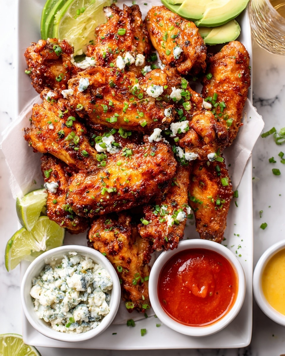 A white rectangular tray with a blue rim holds a pile of golden-brown chicken wings that are slightly crispy and sprinkled with chopped green herbs. Among the wings are slices of green avocado and lime wedges adding a fresh touch of color. Three small white bowls are placed on the tray: one filled with a deep red sauce, another with a creamy white sauce topped with cheese bits, and the last one with a smooth yellow sauce. The tray sits on a white marbled surface, and the overall look is vibrant and inviting. photo taken with an iphone --ar 4:5 --v 7