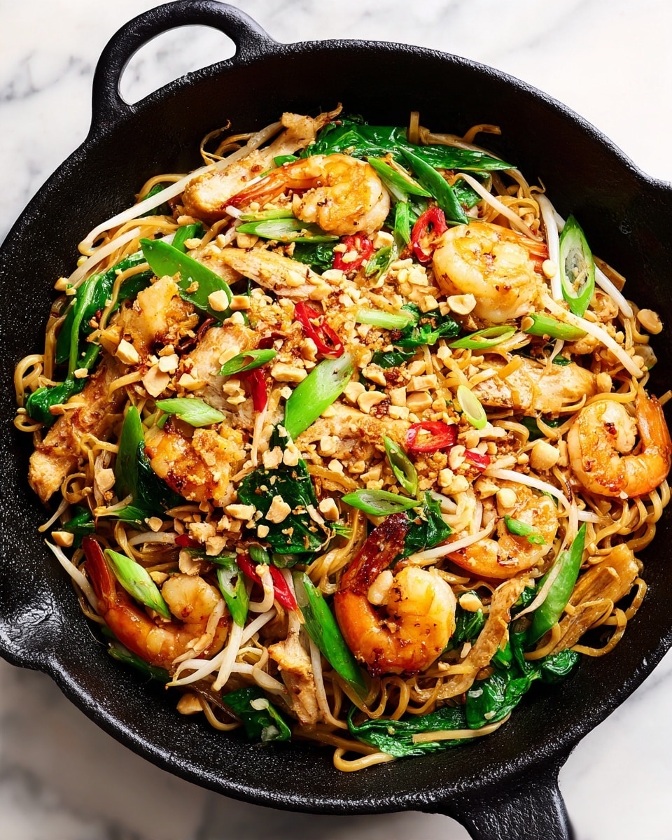 A close-up view of a black skillet filled with stir-fried noodles with shrimp and chicken. The bottom layer shows glossy, light brown noodles mixed with white bean sprouts. On top, there are bright orange shrimp with a slightly charred texture and golden-brown chicken strips. Scattered green onion pieces and chopped peanuts add a fresh green color and crunch. The skillet rests on a soft white marbled surface with part of a striped black and white cloth visible on the side. The photo was taken with an iphone --ar 4:5 --v 7