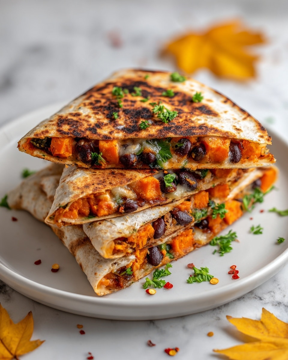 A white plate with a thin brown rim holds four folded quesadilla slices stacked in a slightly uneven pile. Each quesadilla layer has a golden-brown, charred grilled tortilla with darker grill marks on top. Inside, the filling shows bright orange sweet potato chunks, shiny dark black beans, and melted white cheese oozing slightly. Fresh green cilantro leaves peek out between the layers and are scattered atop. Around the plate, tiny red chili flakes and chopped herbs add small pops of red and green on a white marbled surface. Yellow autumn leaves frame the scene, enhancing the warm colors of the dish. Photo taken with an iphone --ar 4:5 --v 7