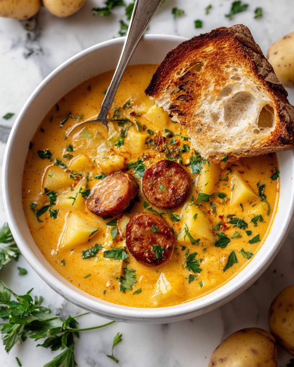 The image shows a white bowl filled with a creamy orange-yellow soup that has a smooth yet chunky texture. Inside the soup are several light yellow potato cubes and thick slices of browned sausage with a crispy outer edge, partially submerged in the soup. Fresh green herbs are sprinkled across the top, adding small bright green spots of color. A piece of toasted bread with a golden-brown crust and soft inside is partially dipped into the soup on the right side of the bowl. A silver spoon rests inside the bowl on the left, touching the soup. The bowl sits on a white marbled surface with some greenery and whole potatoes placed around it. photo taken with an iphone --ar 4:5 --v 7