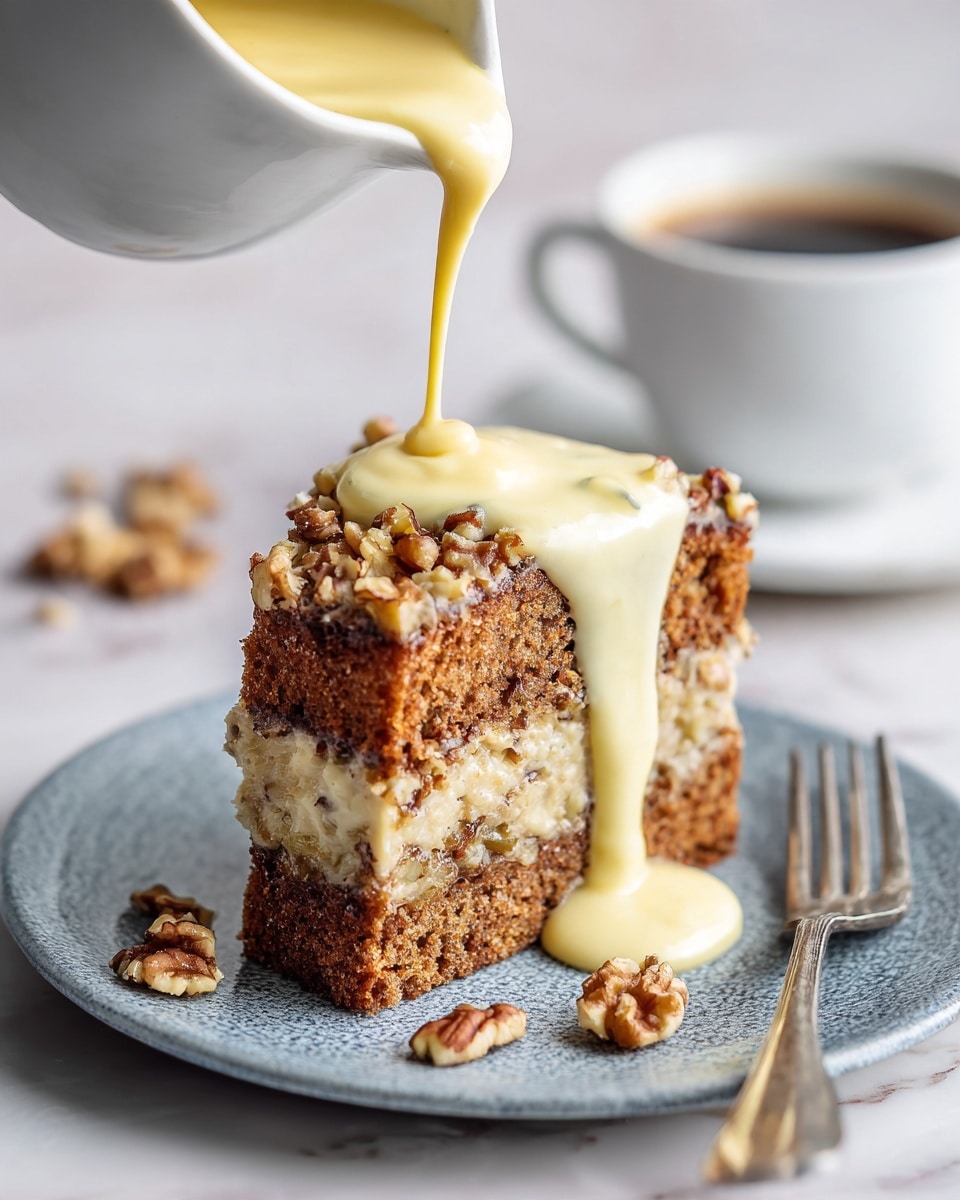 A slice of brown, crumbly cake with visible walnuts inside and on top sits on a white plate with a textured surface. A thick, pale yellow cream sauce is being poured over the cake from a small jug, dripping down the sides and pooling on the plate, mingling with a few walnut pieces. The cake has a moist texture with baked apple slices visible in the middle layer. To the right of the plate, there is a metallic fork resting partially under the sauce. In the background, a white cup of dark coffee rests on a white marbled surface. Photo taken with an iphone --ar 4:5 --v 7