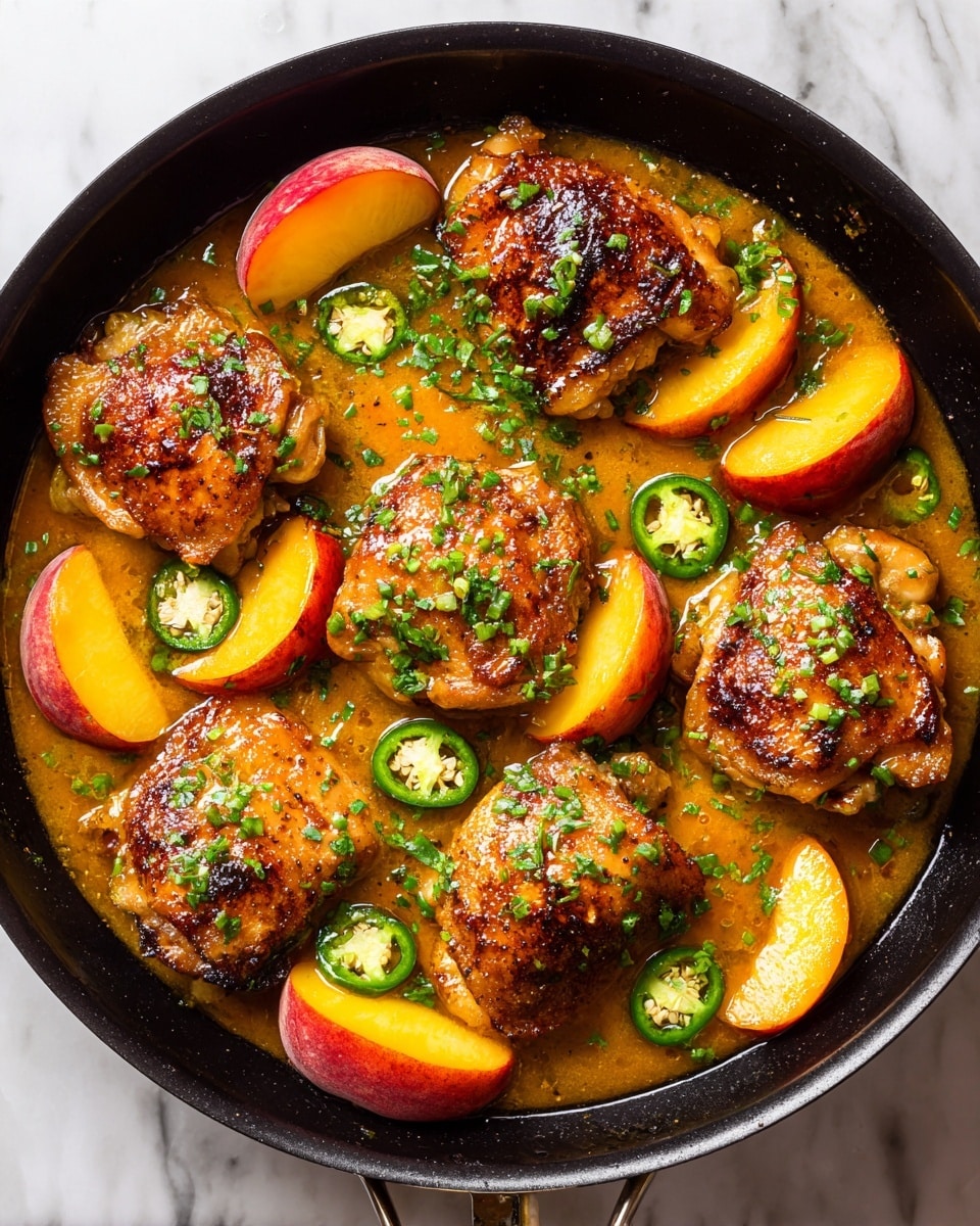 The image shows a black pan filled with six golden brown chicken thighs with a crispy texture, arranged close together. Around and between the chicken pieces, there are bright yellow-orange peach slices with reddish skin edges, adding color contrast. Slices of green jalapeño peppers with visible seeds are scattered on top and between the chicken and peaches. The dish is covered in a shiny, sticky glaze that enhances the rich color of the chicken and peaches, and it is sprinkled with finely chopped green herbs for freshness. The pan sits on a white marbled surface. photo taken with an iphone --ar 4:5 --v 7