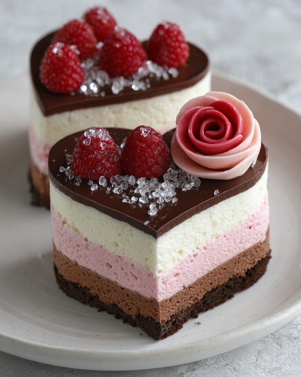 This image shows two heart-shaped layered mousse cakes on a white plate, placed on a white marbled surface. Each cake has four layers from bottom to top: a dark brown soft cake base, a thick pink mousse layer, a thick white mousse layer, and a smooth glossy dark chocolate layer on top. On the top layer, there are fresh, plump red raspberries arranged neatly, along with a small swirl of pink cream in the front cake, which is sprinkled with small sugar crystals. The cakes look smooth and clean with sharp edges. Photo taken with an iphone --ar 4:5 --v 7