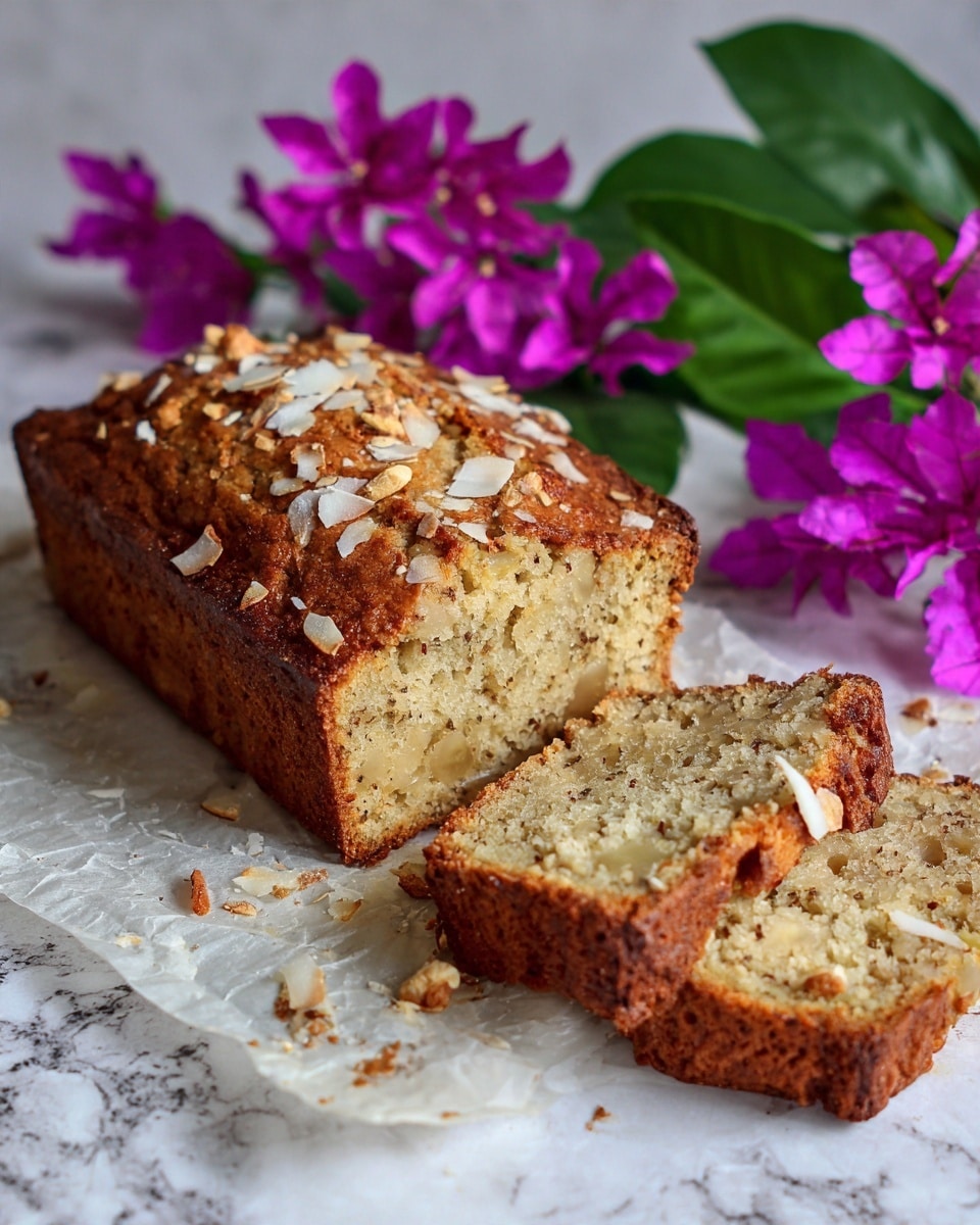 A loaf of banana bread with a golden brown crust sits on crinkled parchment paper, partially sliced to show its soft, moist inside filled with small pieces of banana. The top of the bread is sprinkled with large white coconut flakes and small chopped nuts, adding texture and contrast. Around the bread, bright purple flower petals peek in, adding a pop of color. The whole scene is set on a white marbled surface, enhancing the warm tones of the bread photo taken with an iphone --ar 4:5 --v 7