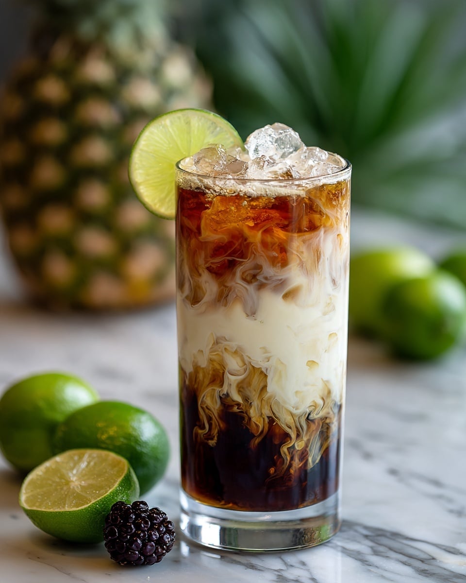 A tall clear glass holds a dark brown drink at the bottom, with white cream slowly swirling down from the top, creating soft patterns inside. The drink is topped with a pile of clear ice cubes that glisten. On the rim of the glass, there is a bright green lime slice next to a shiny black blackberry. The glass sits on a white marbled surface with blurry pineapples and lime wedges in the warm background. Photo taken with an iphone --ar 4:5 --v 7