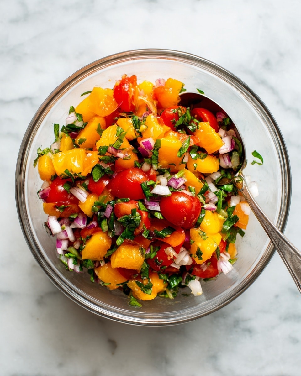 A clear glass bowl filled with a colorful mix of chopped ingredients sits on a white marbled surface. The dish has three main layers: the bottom layer is made of small, light orange pineapple pieces with a juicy texture; the middle layer contains bright red cherry tomato halves scattered throughout; and the top layer shows fresh, small green cilantro leaves and finely diced purple onions, adding a fresh and vibrant contrast. A silver spoon rests inside the bowl, partly covered by the mixed ingredients. Photo taken with an iphone --ar 4:5 --v 7