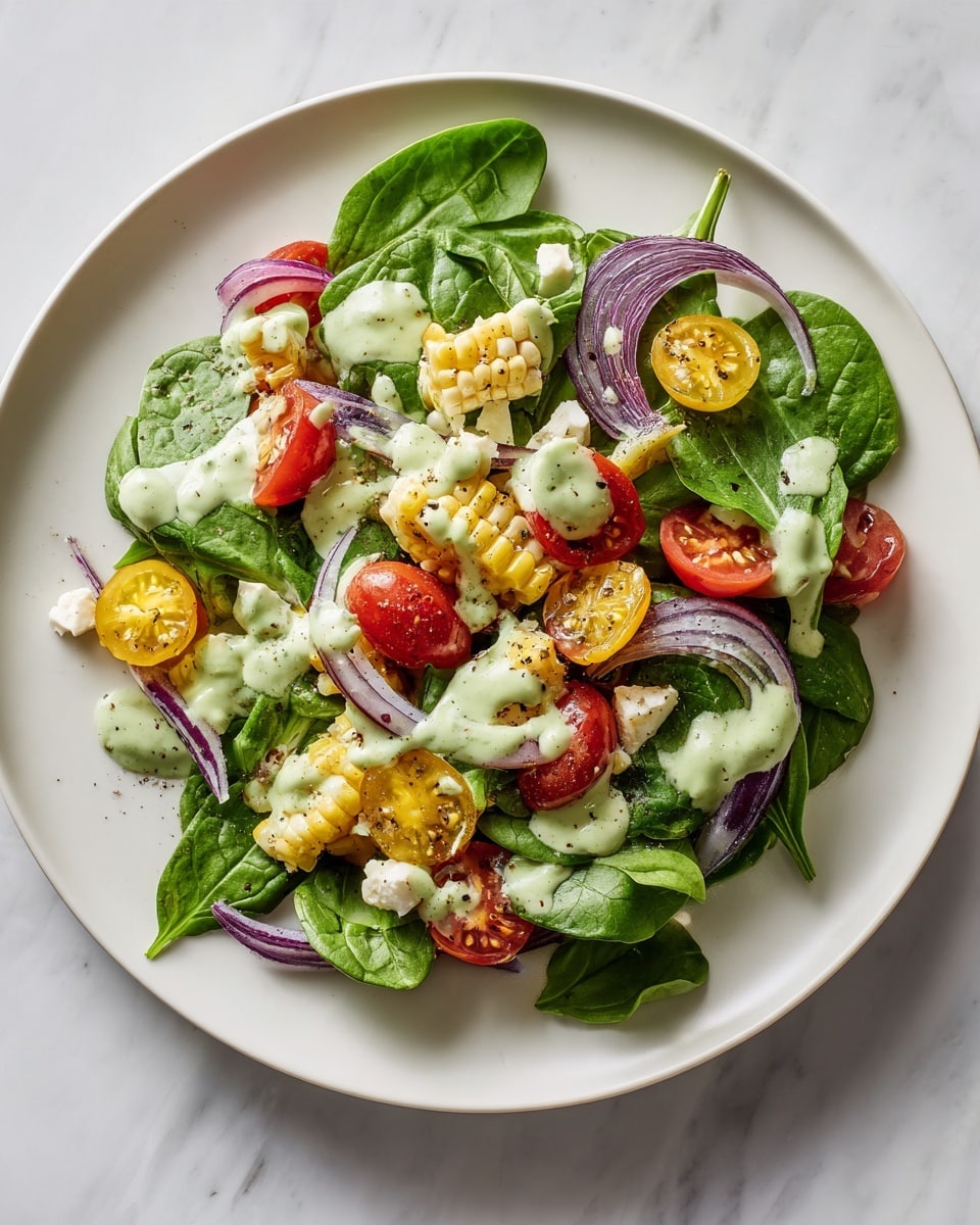 A white plate holds a fresh salad with three main layers: the bottom layer is bright green baby spinach leaves, the middle layer has grilled yellow corn pieces with small brown char marks, halved red and yellow cherry tomatoes, and thin strips of purple onion, all scattered evenly. On top, white crumbles of soft cheese are sprinkled, and a light green creamy dressing is drizzled over everything, creating a smooth texture contrast. The whole dish sits on a white marbled surface. photo taken with an iphone --ar 4:5 --v 7