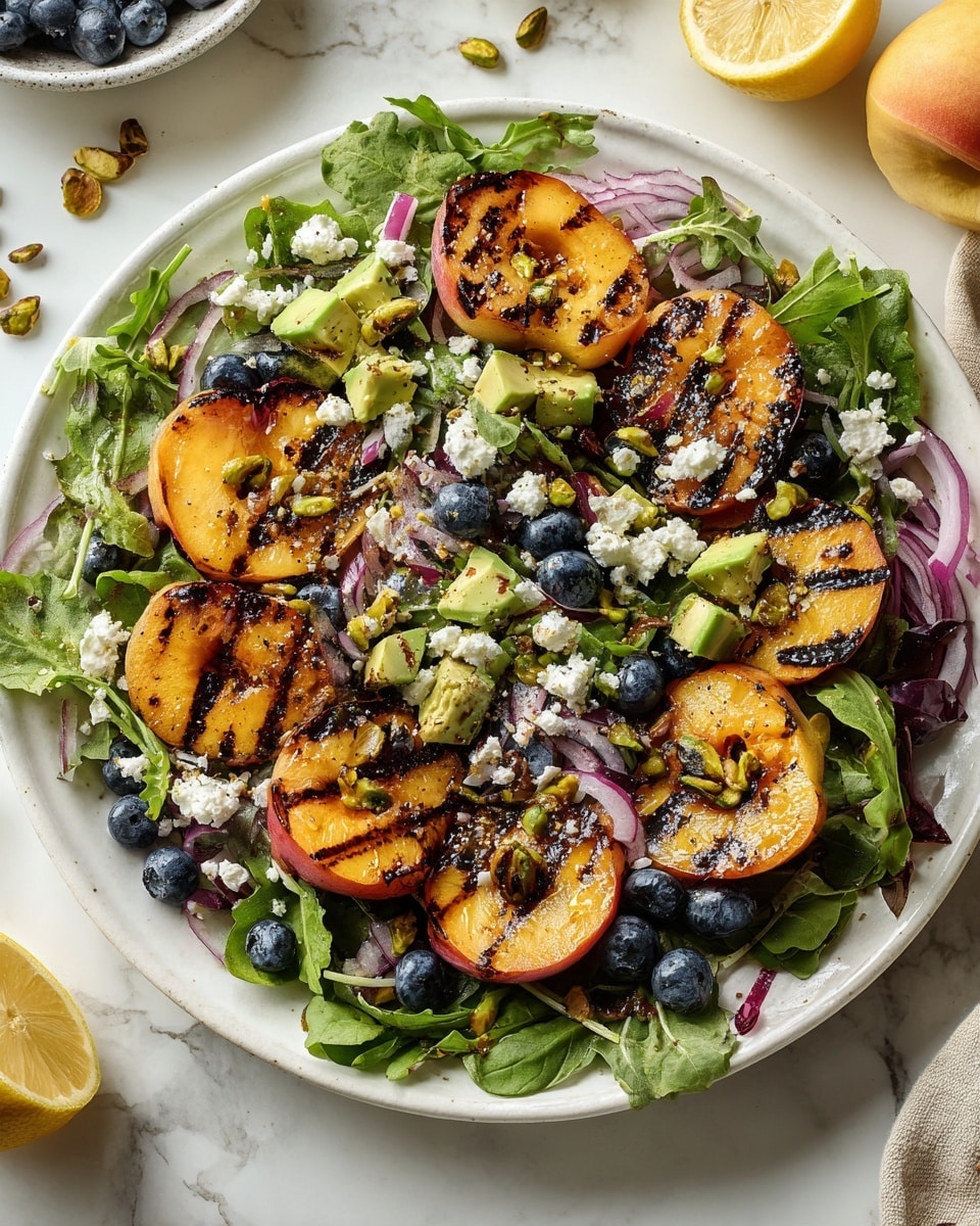 A large white oval plate holds a fresh salad with several layers: a base of dark green spinach and arugula leaves, topped with golden-brown grilled peach wedges placed evenly around the plate, scattered bright blue blueberries, small diced green avocado pieces, thin rings of purple-red onion, and white crumbly pieces of cheese spread throughout. Light tan pine nuts and chopped pistachios are sprinkled on top, adding texture and color contrast. The dish is placed on a white marbled surface with a halved lemon, half an avocado, some pistachios, and a bowl of blueberries around it, creating a fresh and colorful setting. photo taken with an iphone --ar 4:5 --v 7