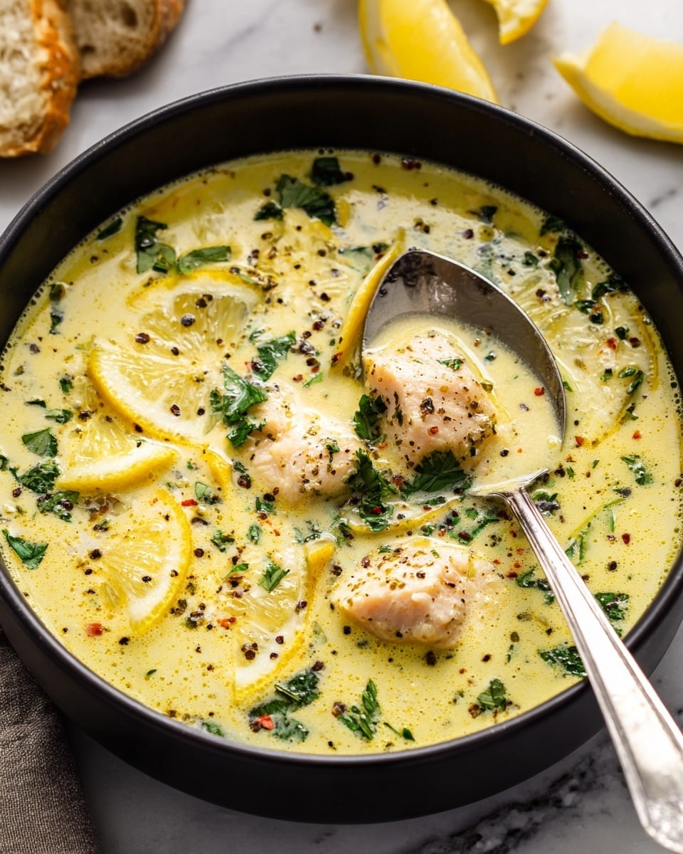 A black bowl filled with a creamy yellow soup with bits of cooked chicken, fresh green herbs sprinkled all over, and lemon slices floating on top. The soup has tiny bubbles and some black pepper seasoning visible on the surface. A silver spoon rests inside the bowl, partially submerged in the soup. The bowl sits on a red plate with lemon wedges around it, all placed on a white marbled surface. Photo taken with an iphone --ar 4:5 --v 7