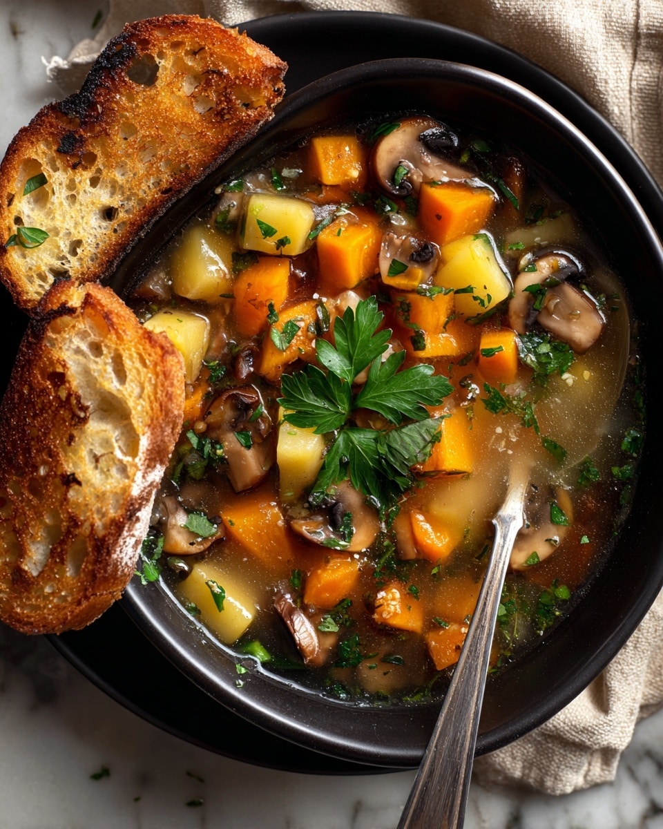 A black bowl filled with a clear broth soup containing three main layers: at the bottom, a mix of small diced orange carrots, yellow potatoes, and green herbs; in the middle, thick slices of brown mushrooms with a soft texture; on top, fresh green parsley leaves adding a bright touch. The soup has a light, watery texture and reflects light gently. Inside the bowl, a silver spoon with an ornate handle rests on the right side, partially submerged. The bowl sits on a white plate, with two pieces of golden-brown bread with a crusty texture placed on the side. The whole scene is on a white marbled surface with soft natural light. Photo taken with an iphone --ar 4:5 --v 7